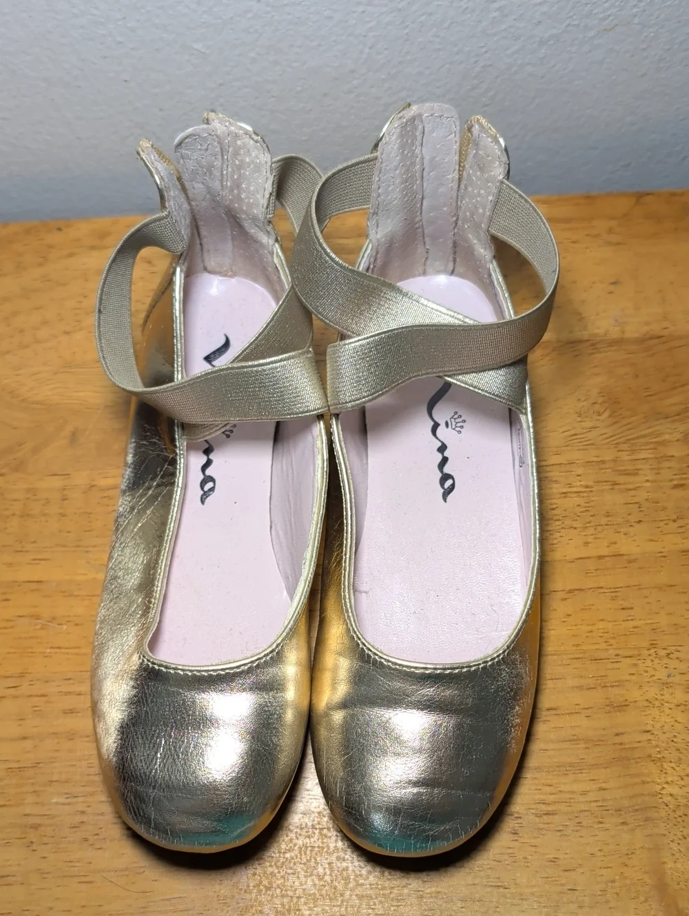 Nina Marissa Metallic Gold Ballet Flats with Elastic Cross-Strap Girls Size 13